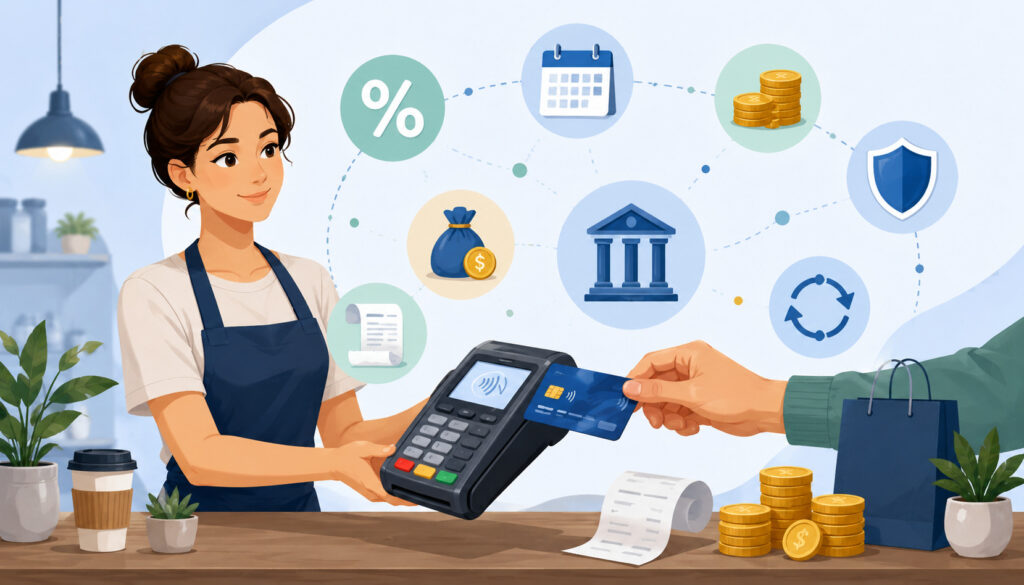 Small business owner processing credit card payment with merchant fee icons