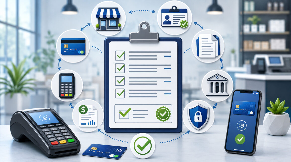 Merchant account approval checklist with payment processing icons