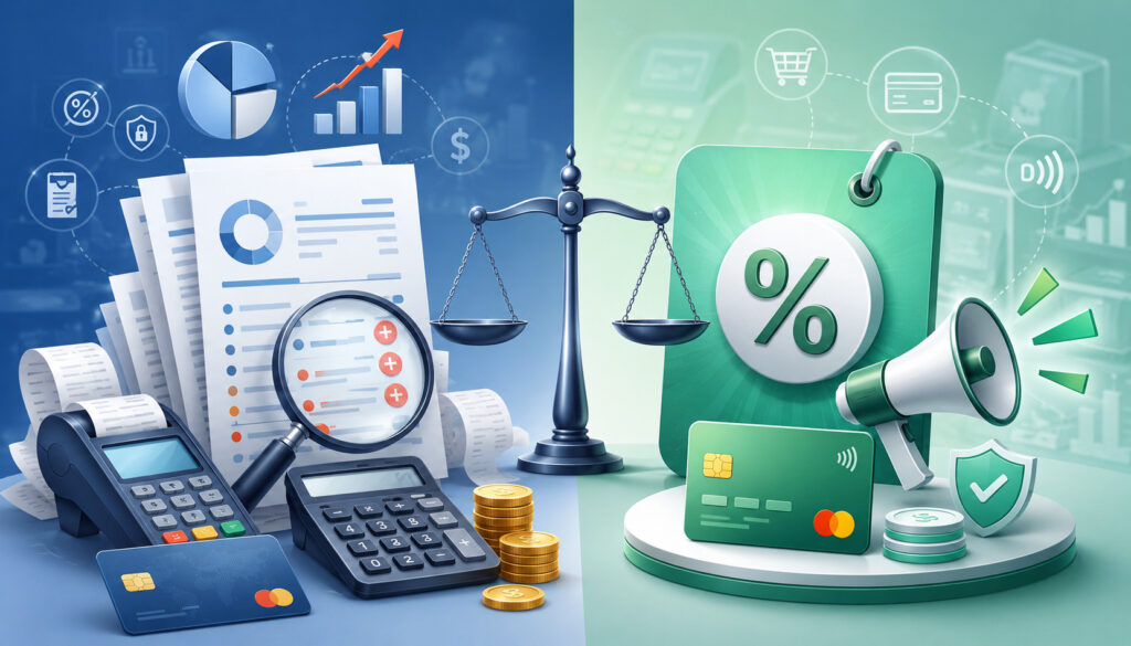 Effective processing rate compared with advertised rate in payment processing