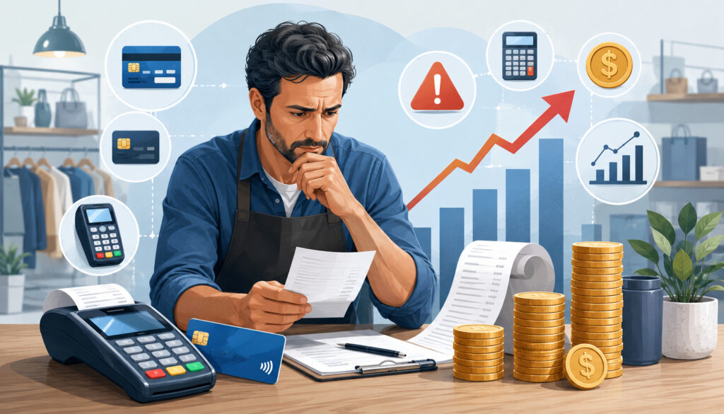 Small business owner reviewing rising merchant processing fees