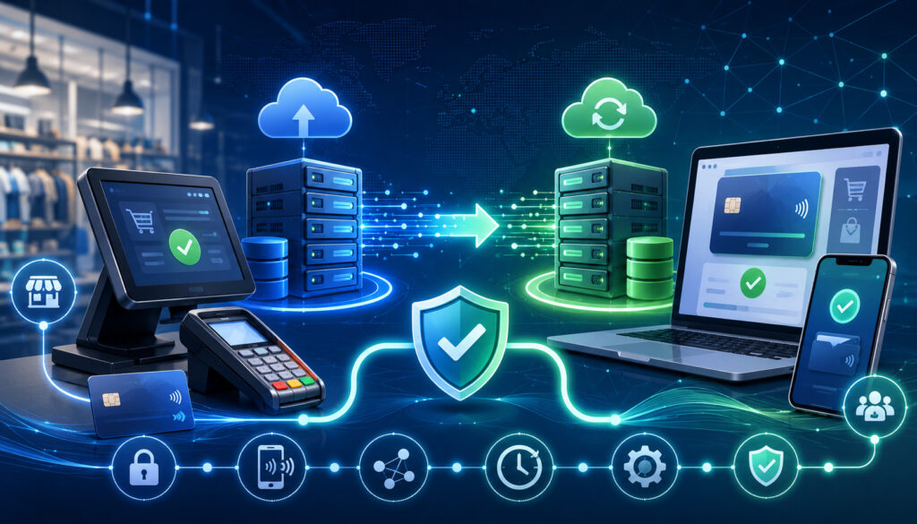 Seamless payment processing switch with secure POS and cloud migration icons