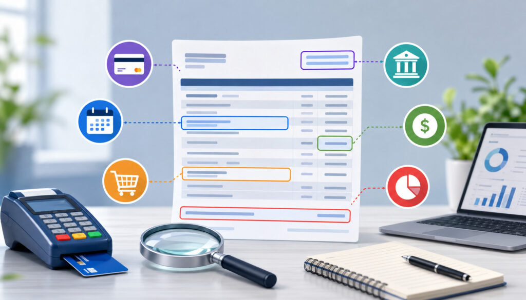 Merchant statement with highlighted fee and transaction sections