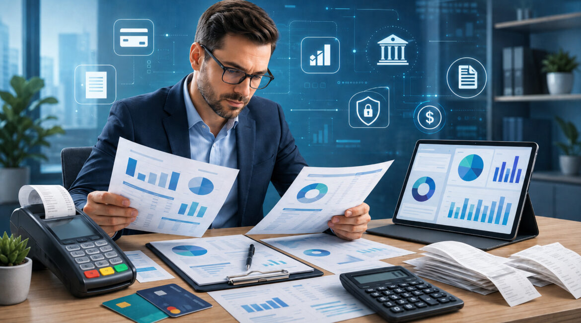 Professional reviewing merchant processing statement and payment reports