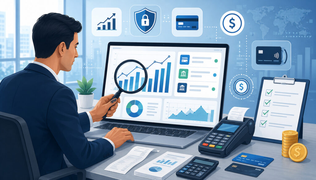 Business professional verifying payment processing volume on analytics dashboard