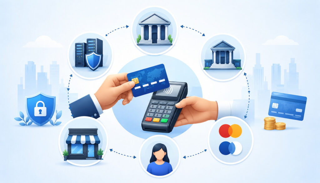 Credit card processing fee parties illustration