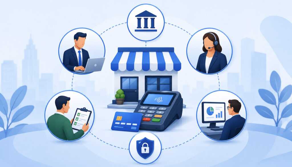 Merchant account approval parties and secure payment processing illustration