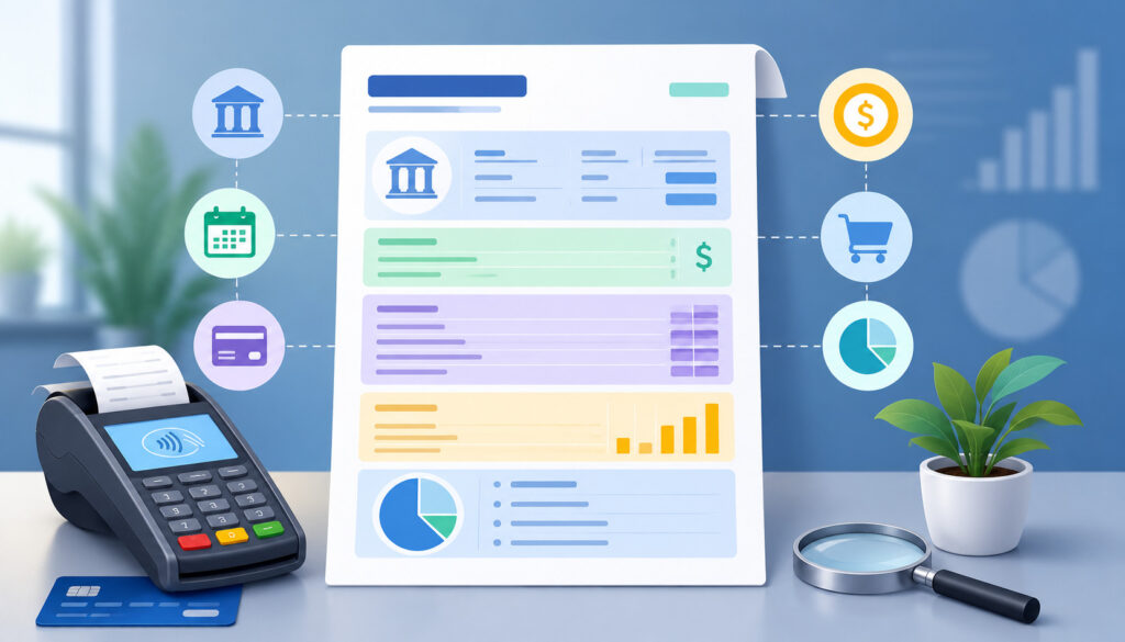 Illustration of merchant statement sections with payment terminal and finance icons