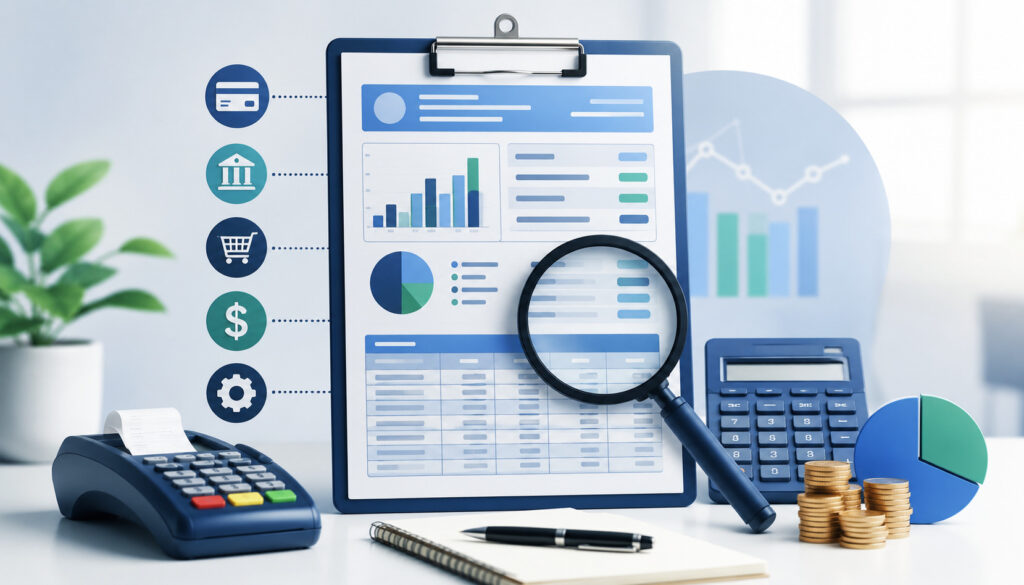 Merchant statement review with payment report, fees, and financial icons