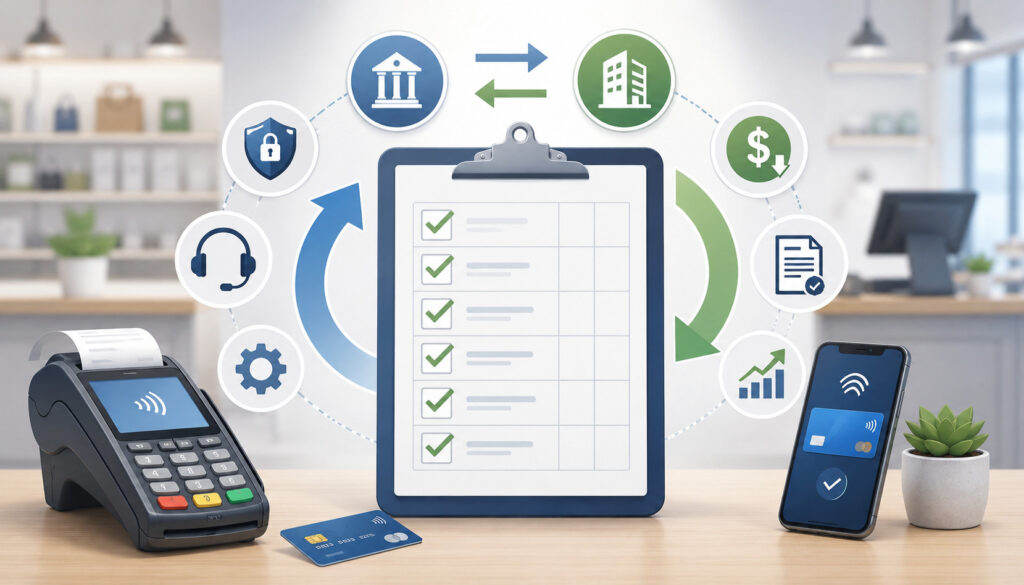 Merchant service provider switching checklist with payment icons