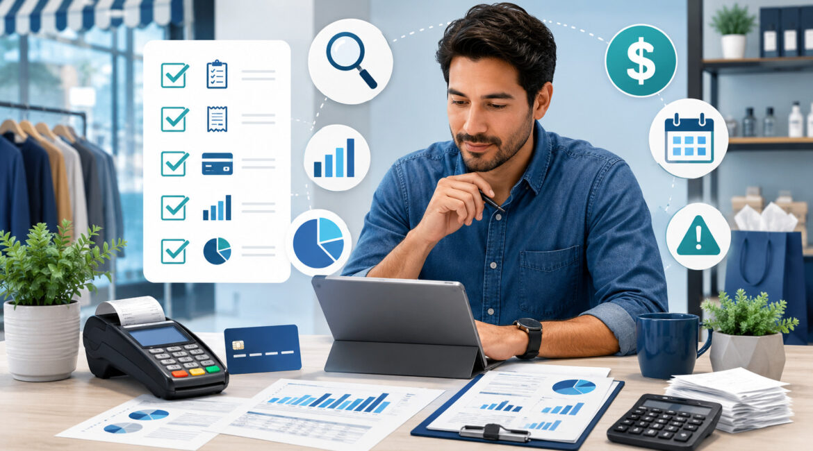 Merchant reviewing monthly statement audit checklist with payment and finance icons