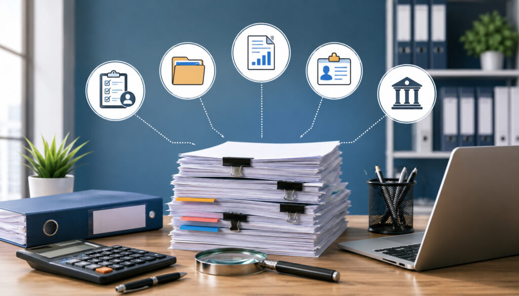Audit documents organized on office desk with checklist and finance icons