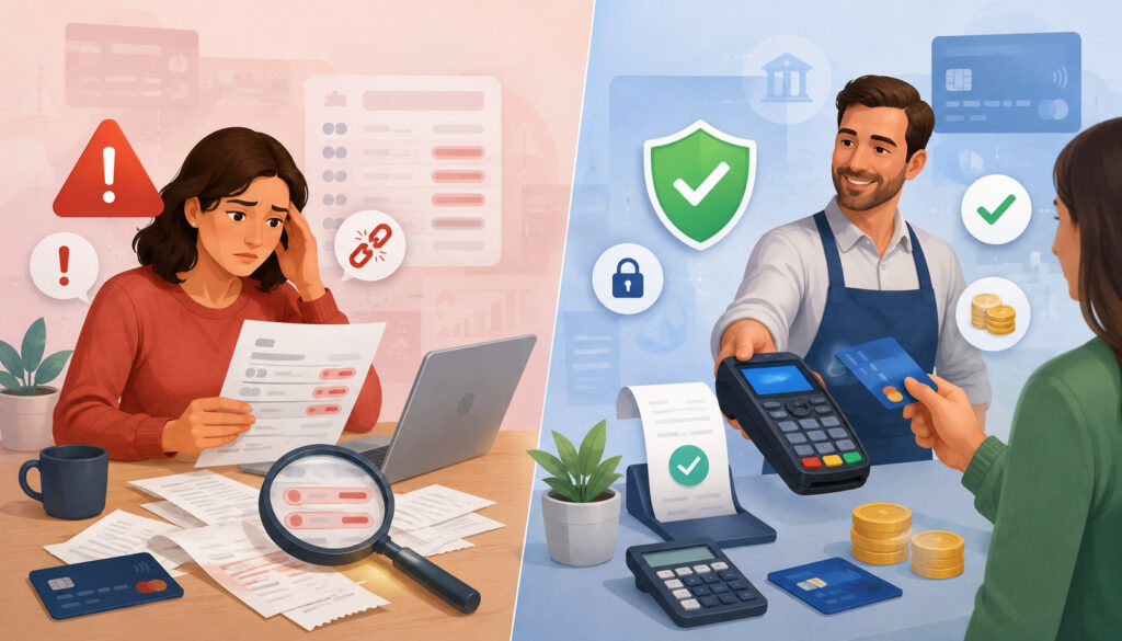 Customer reviewing a billing error alongside a secure card processing fee transaction