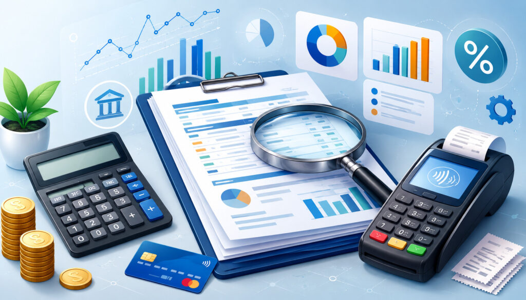 Merchant reviewing payment processing statements and effective processing rates