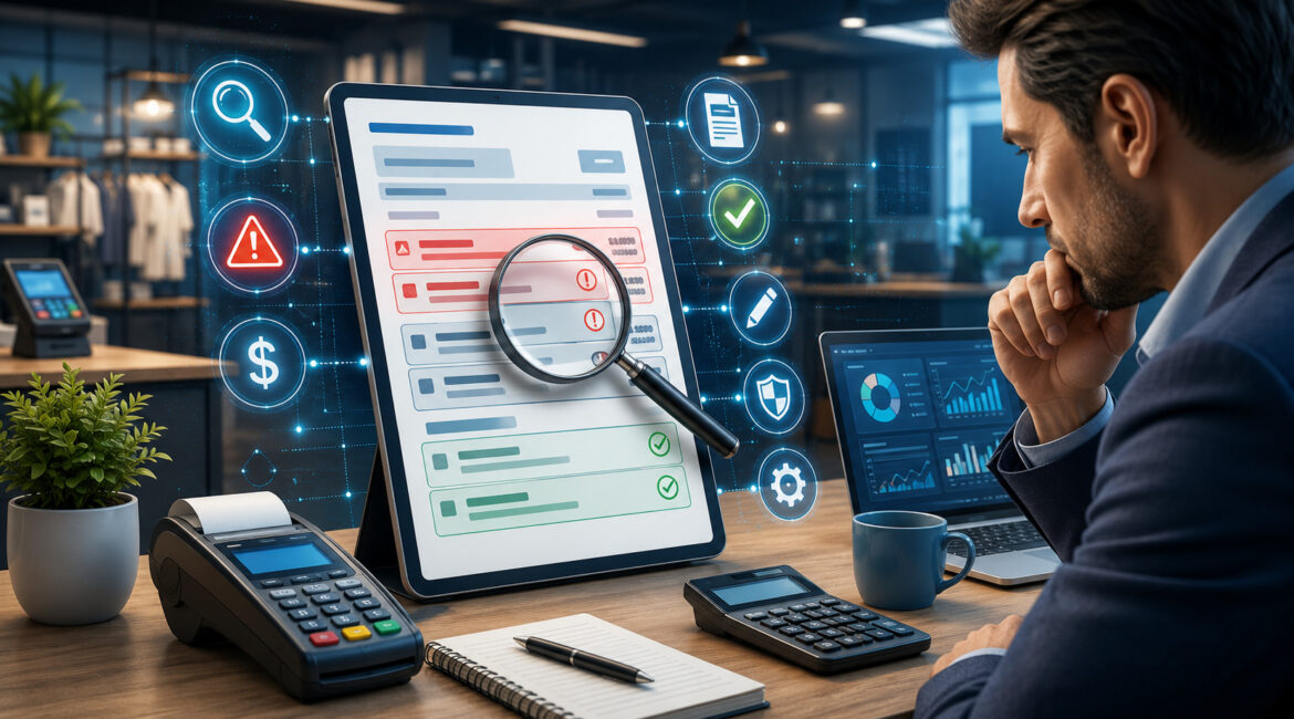 Merchant reviewing billing errors on a merchant statement