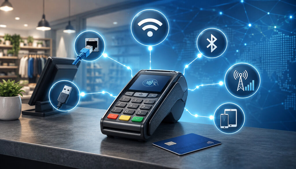 Credit card terminal with Wi-Fi, Bluetooth, Ethernet, cellular, and USB connection icons