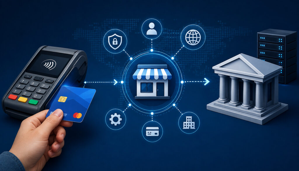Card transaction flow showing merchant ID processing between POS terminal, merchant, and bank
