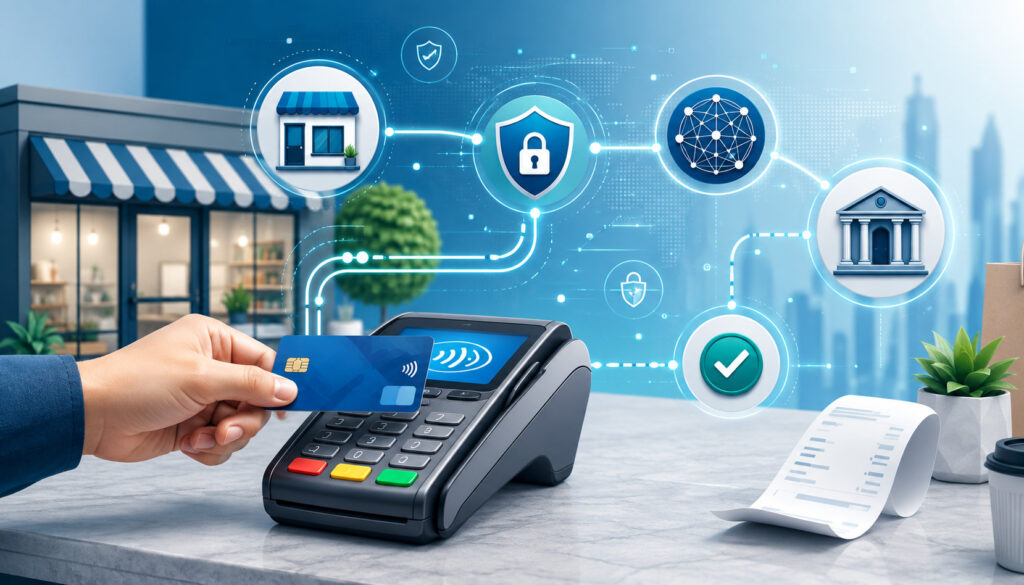 Payment terminal processing a card transaction through a secure merchant network