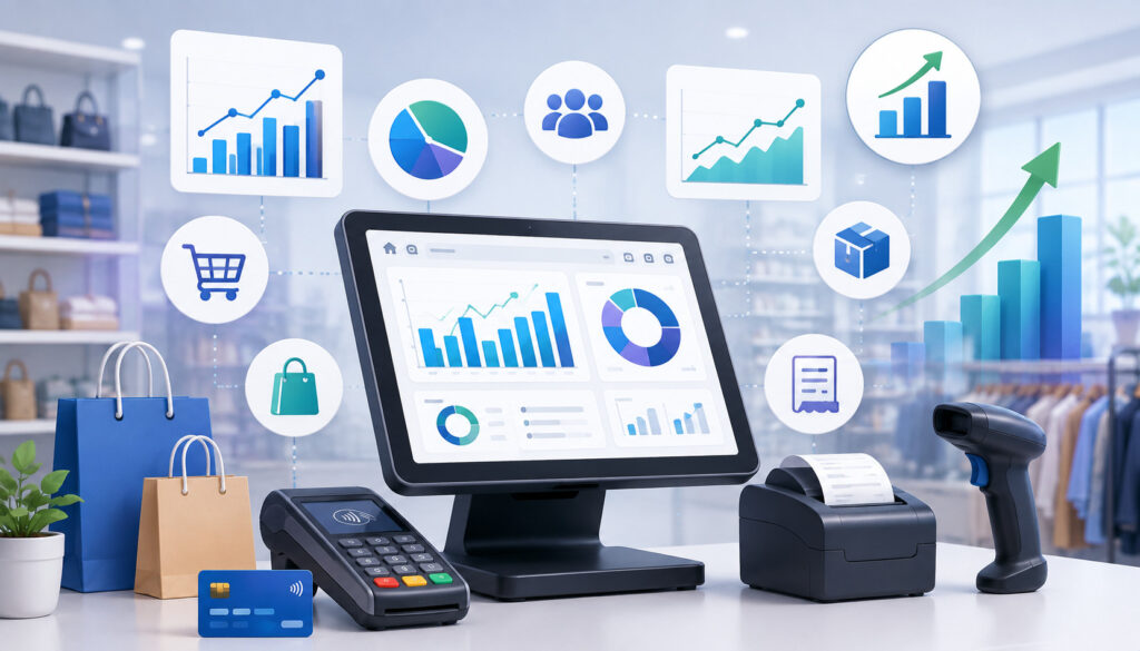 POS system dashboard displaying sales metrics, KPIs, and retail analytics