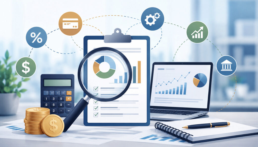 Payment pricing model analysis with calculator, charts, and financial icons