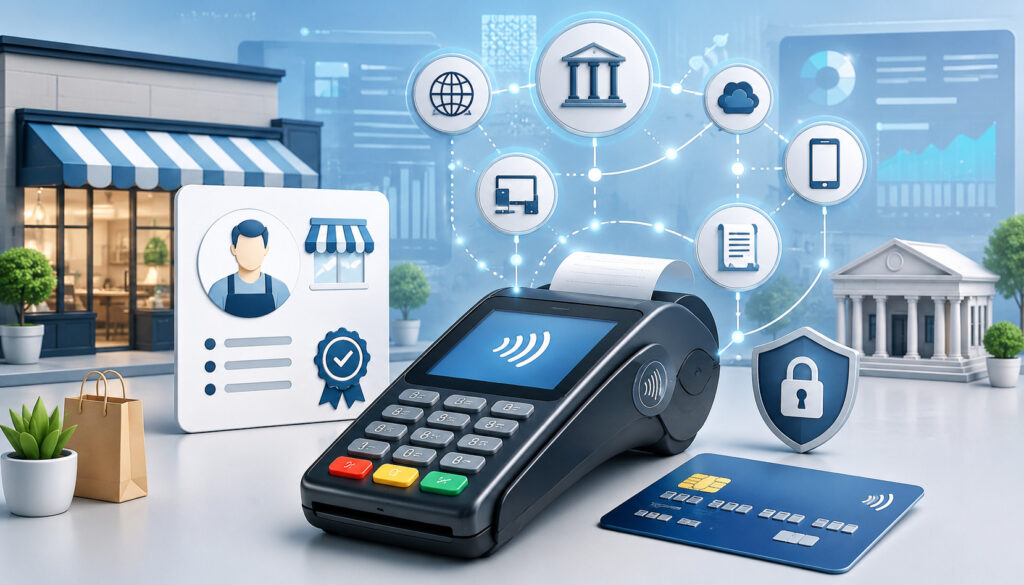 POS terminal and merchant ID payment processing illustration