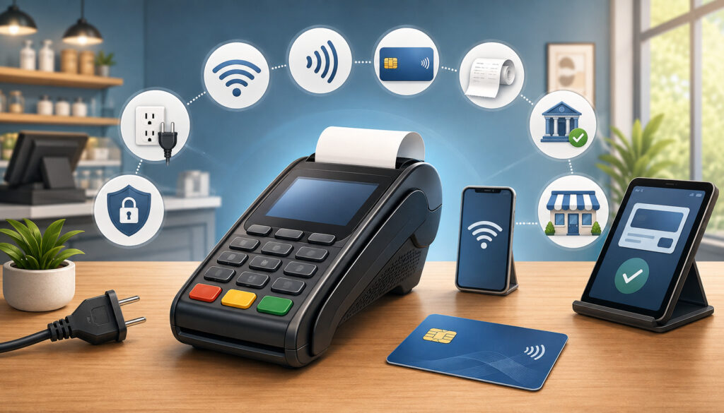 Credit card terminal setup with payment, Wi-Fi, security, and receipt icons