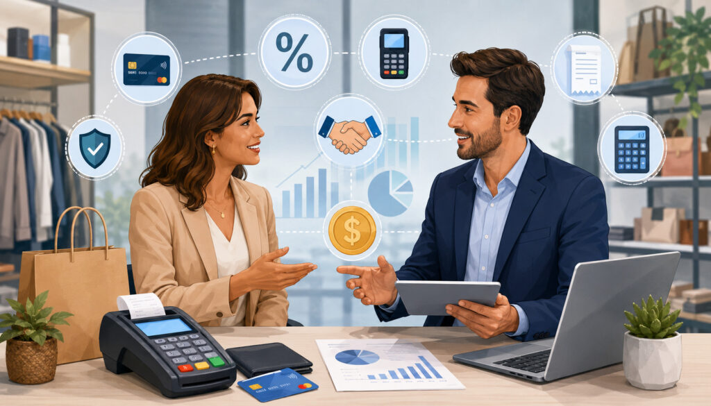 Merchant discussing negotiable payment processing fees with a provider