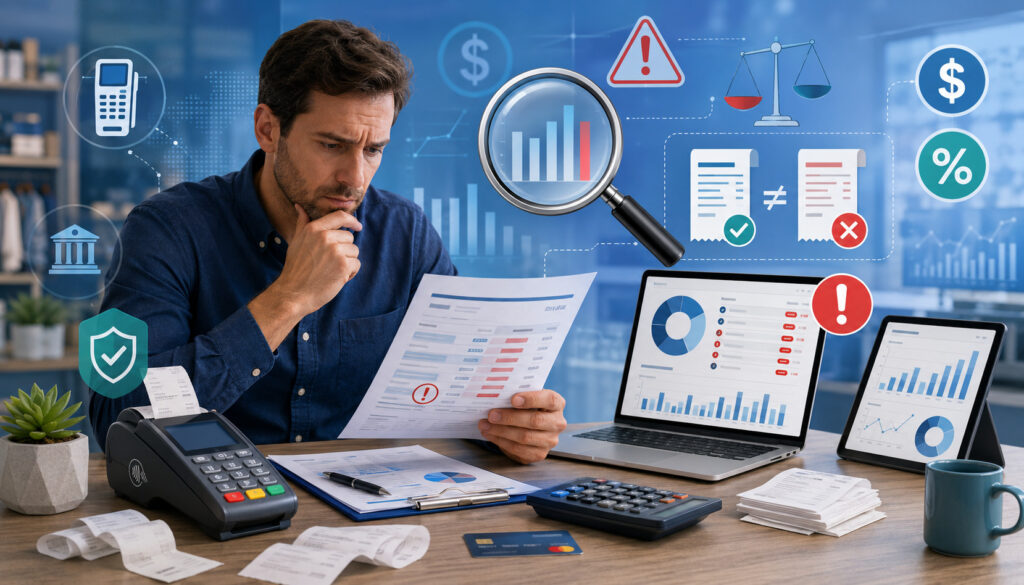 Merchant reviewing billing statement errors and payment discrepancies