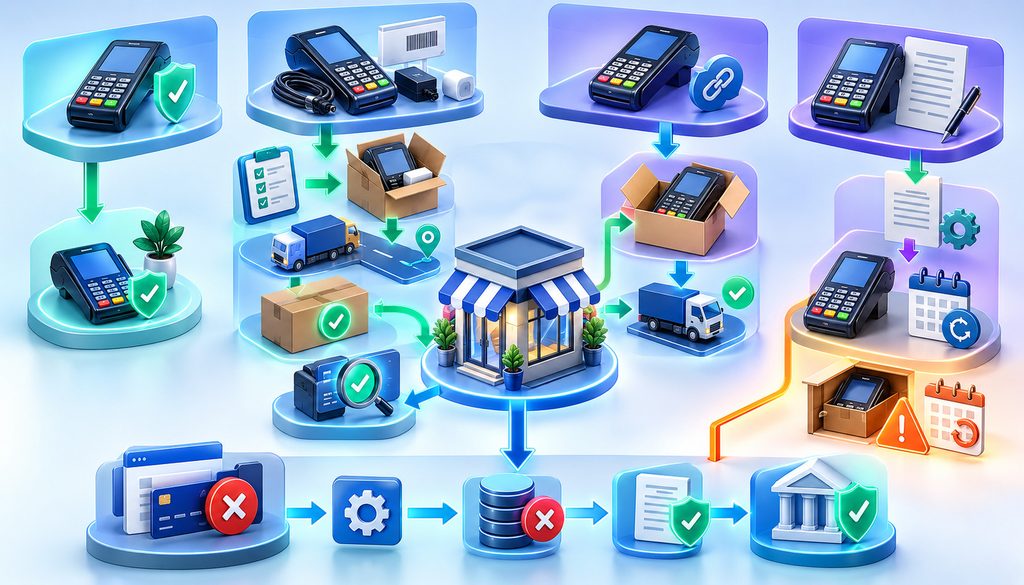 Merchant account equipment return comparison showing purchased, rented, leased, and free-placement payment terminals after processor cancellation