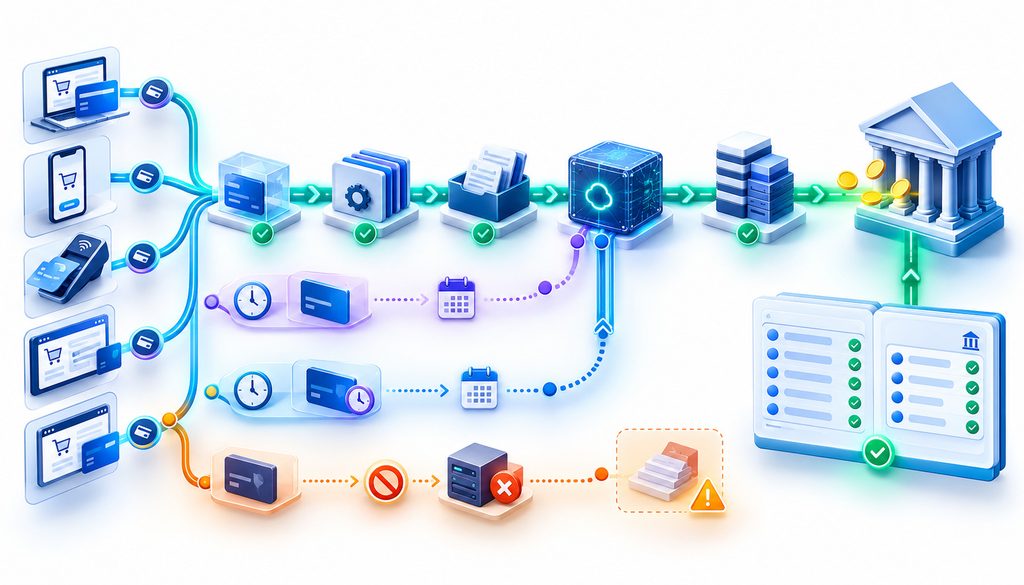 Final batch settlement workflow showing authorization, capture, batch closure, processor settlement, and merchant bank funding before account cancellation