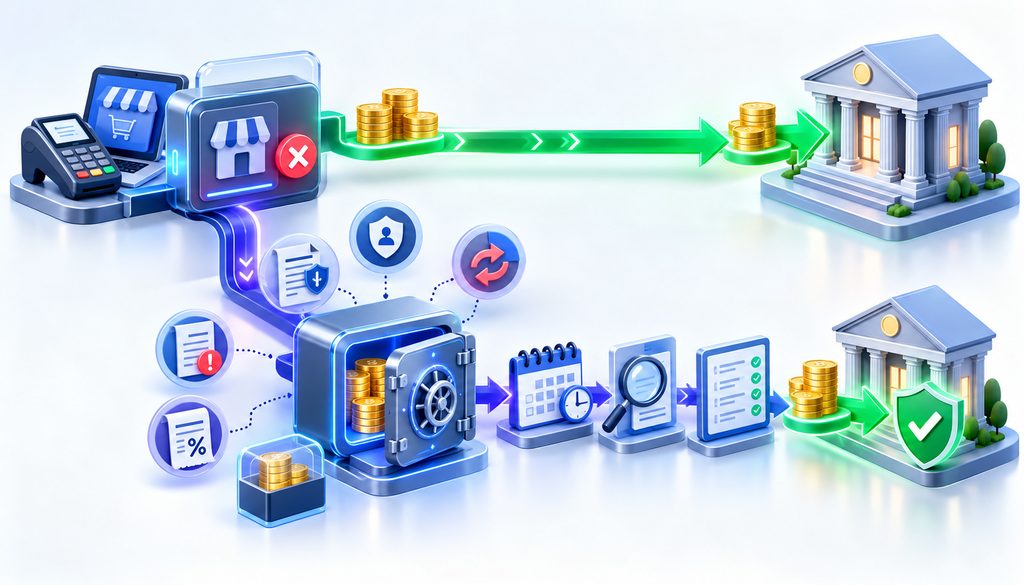 Reserve release after merchant account closure showing held funds, chargeback and refund obligations, review timing, reconciliation, and final reserve payout.